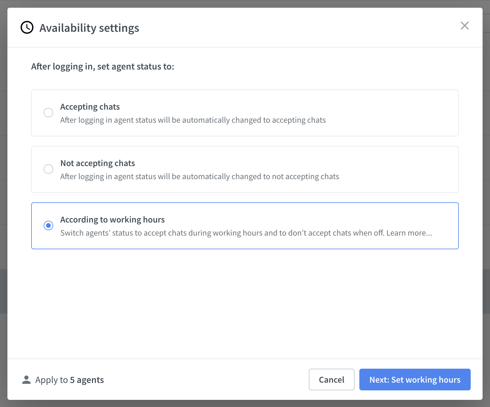 Modal for choosing agent&rsquo;s status after logging in, the option to set working hours is chosen.